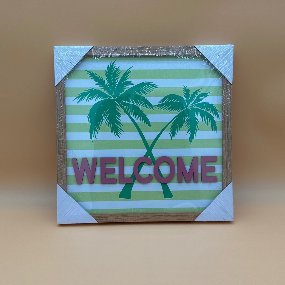 Retro Riviera Tropical Palm Tree Welcome Sign Wood Frame Wall Decor 12x12